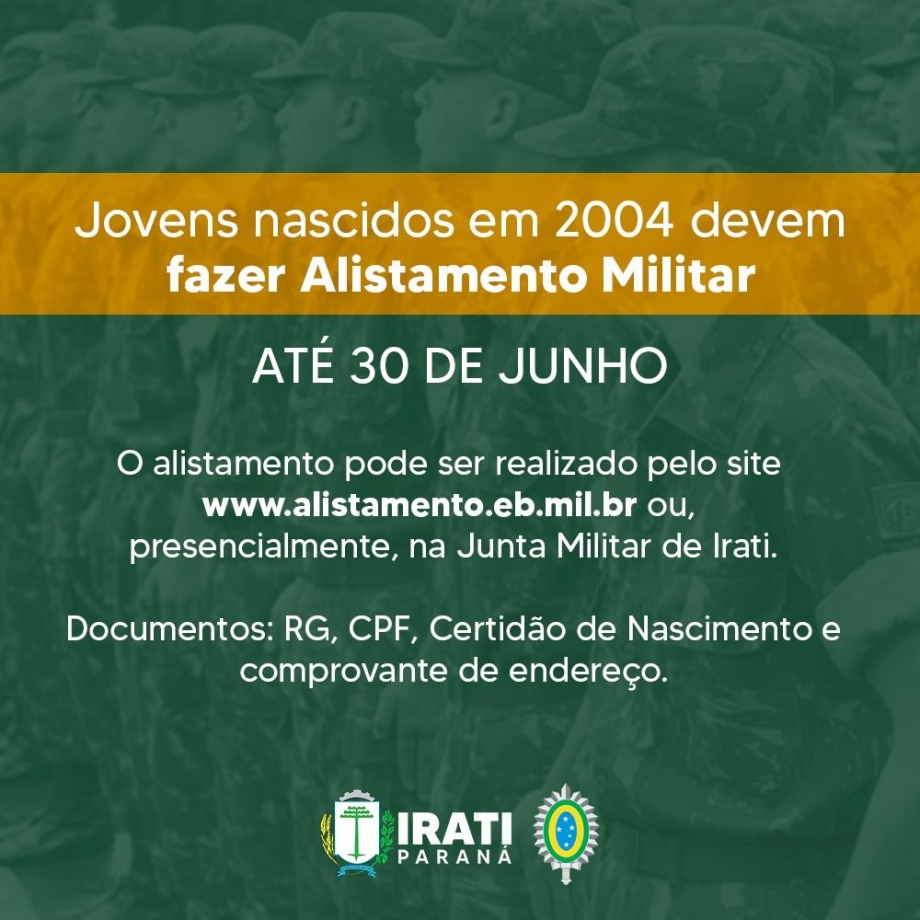 Jovens nascidos em 2004 devem fazer Alistamento Militar