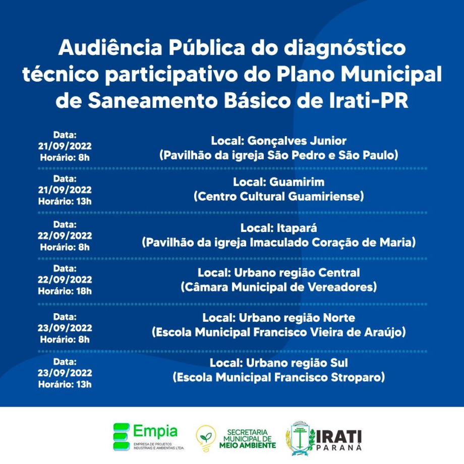 Irati fará audiências públicas sobre Plano Municipal de Saneamento Básico