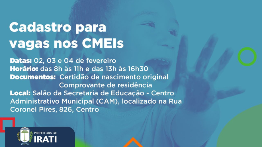Cadastro para vagas nos CMEIs inicia na próxima terça-feira (02)
