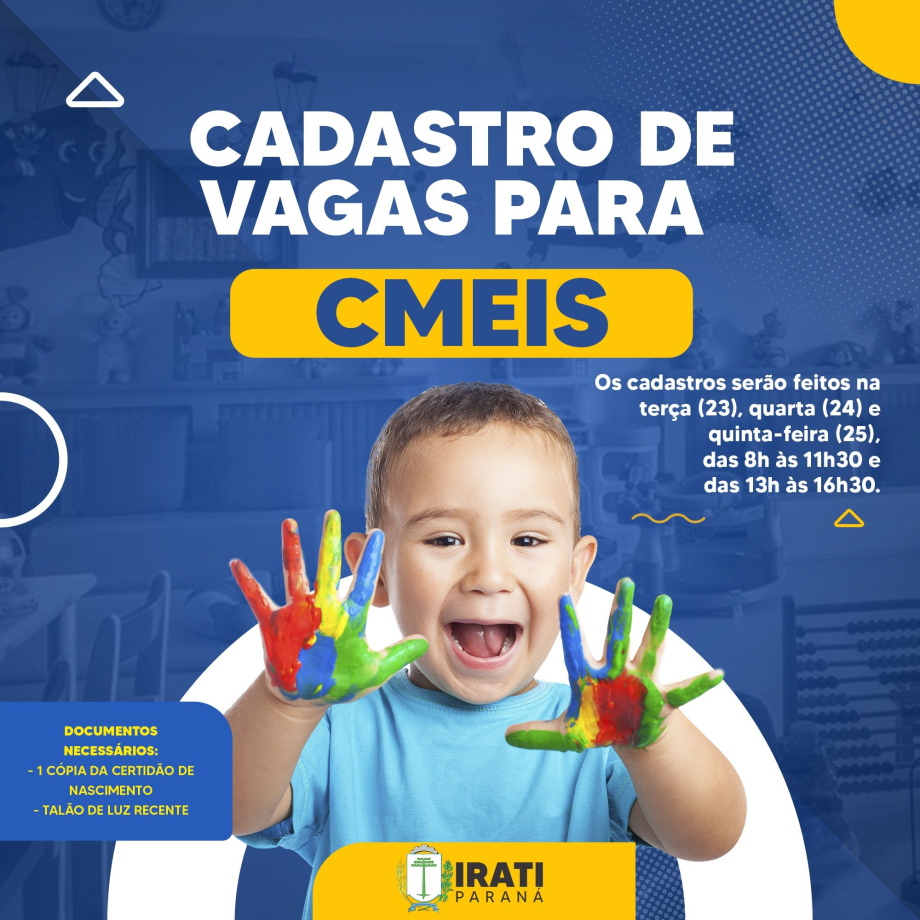 Cadastro de vagas para CMEIs de Irati inicia nesta terça-feira (23)