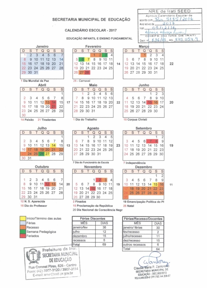 Calendário Escola Municipal 2017