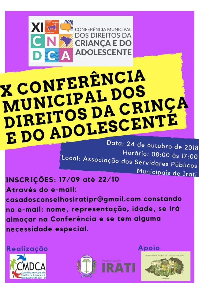 Inscrições para a Conferência Municipal dos Direitos da Criança e do Adolescente de Irati estão abertas