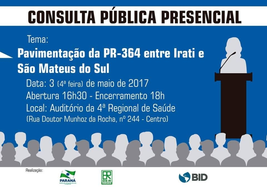 Consulta Pública sobre pavimentação Irati a São Mateus acontece hoje