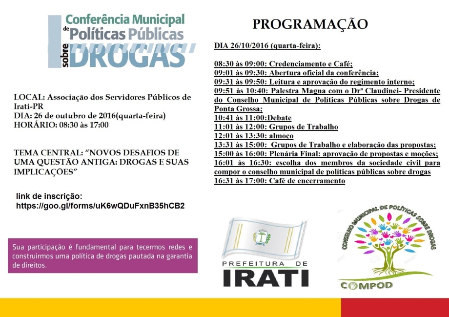 I Conferência Municipal de Políticas Públicas sobre Drogas será realizada nesta quarta-feira, 26