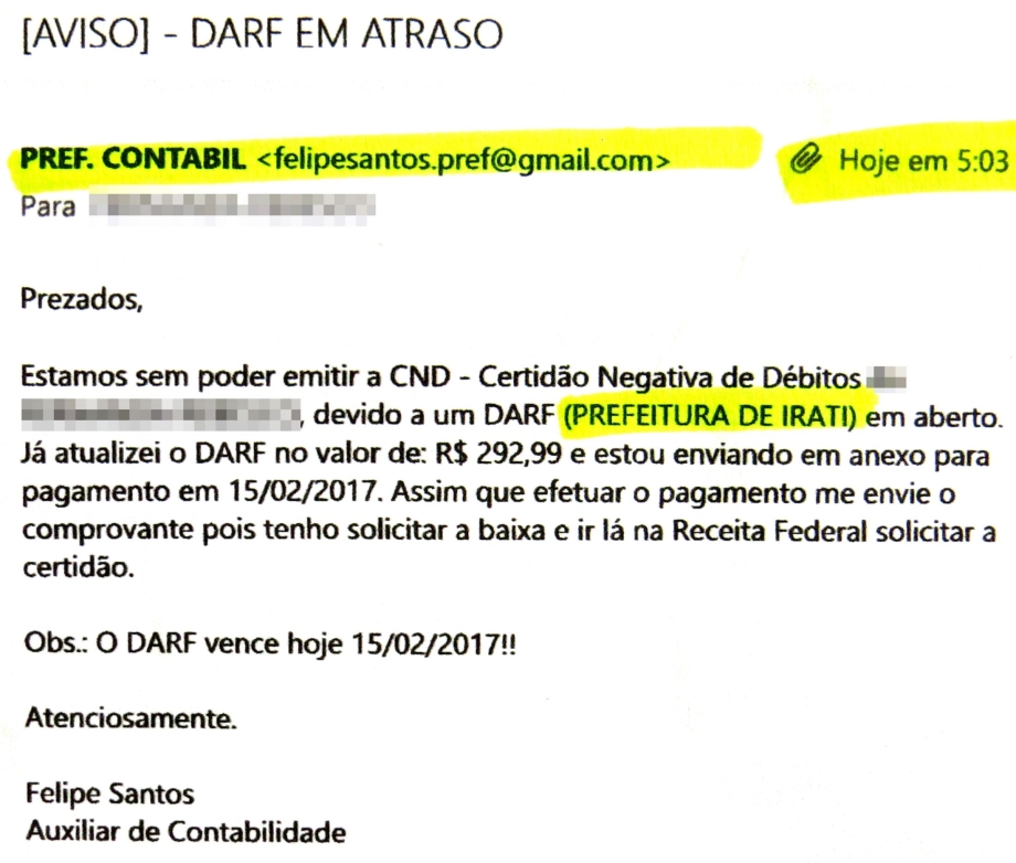 E-mail com boleto de cobrança da Prefeitura é falso