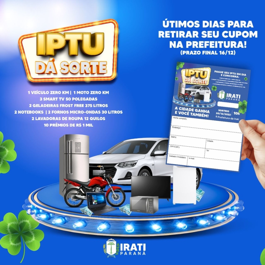 Cupom do IPTU dá Sorte pode ser retirado na Prefeitura até sexta-feira (16)
