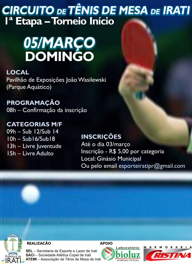 1ª etapa do torneio de tênis de mesa de Irati tem inscrições abertas