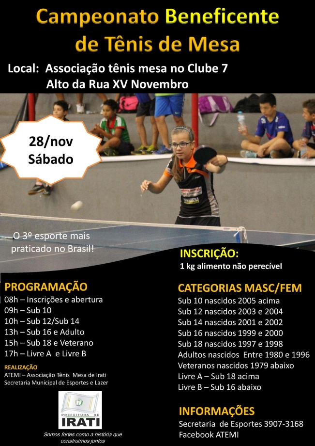 TÊNIS DE MESA - Torneio Beneficente acontece dia 28