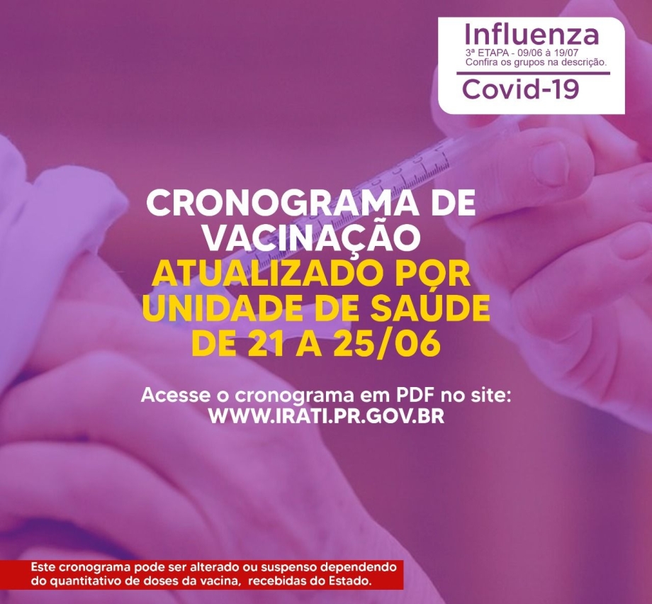 Vacinação contra a Covid-19 continua em Irati de 21 a 25/06
