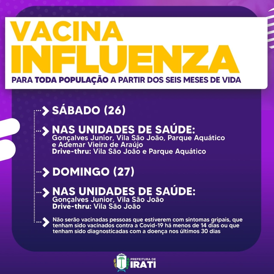 População de Irati será vacinada contra a gripe neste fim de semana
