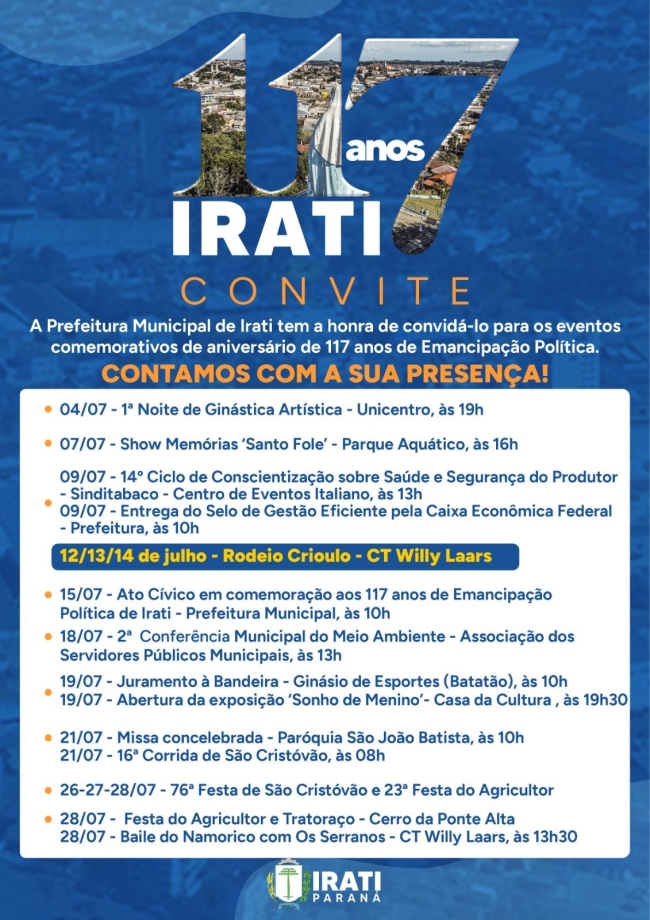 Prefeitura de Irati divulga calendário em comemoração aos 117 Anos